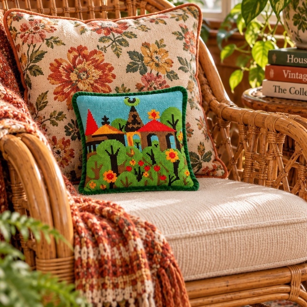 Vintage Folk Art Needlepoint Village Scene Throw Pillow Green Velvet Back 9.5"